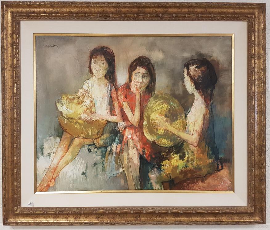 Framed signed Jansem (Jean) oil on canvas- 3 girls & a: Framed signed Jansem (Jean) oil on canvas- 3 girls & a balloon- 29" x 36"