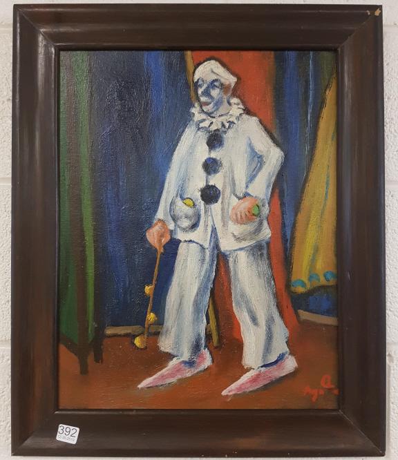 Framed signed M.P.(Martin Petersen) oil on board-: Framed signed M.P.(Martin Petersen) oil on board- clown- 14" x 18"