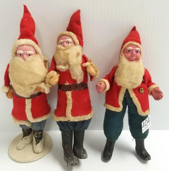3 approx 9" vintage papier-mache & cotton Santas (some: 3 approx 9" vintage papier-mache & cotton Santas (some as seen)