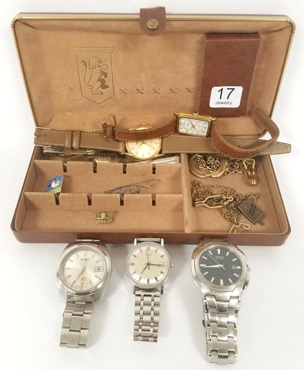 Assortment of men's jewelry & watches incl. Seiko: Assortment of men's jewelry & watches incl. Seiko automatic calendar, 10k award pin, etc