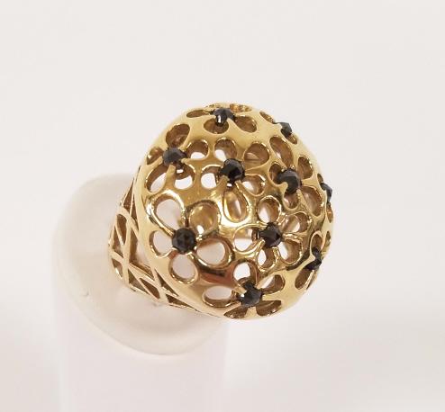Openwork gold plated sterling fashion ring set with: Openwork gold plated sterling fashion ring set with rose cut black diamonds sz. 6 3/4