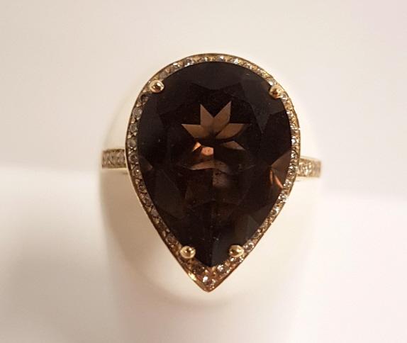 14k gold ring set with 12x16mm pear shaped smoky topaz: 14k gold ring set with 12x16mm pear shaped smoky topaz solitaire & diamond accents sz. 6 3/4, 7.7g