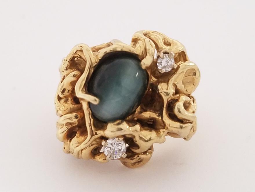 Tested 14k gold vintage brutalist ring set with cat's: Tested 14k gold vintage brutalist ring set with cat's eye cabochon & diamonds sz. 9.5, 27.8g