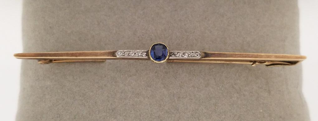 Antique 10k gold bar pin set with sapphire & diamonds 2: Antique 10k gold bar pin set with sapphire & diamonds 2 5/8" long, 3.5g