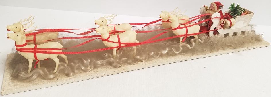 Vintage Santa with sleigh and reindeer - celluloid: Vintage Santa with sleigh and reindeer - celluloid reindeer & papier mache Santa 29" long