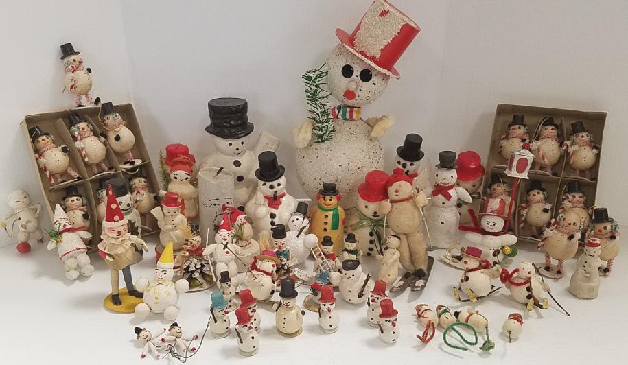 Collection of vintage snowman figures including candy: Collection of vintage snowman figures including candy containers, cotton, candles, etc