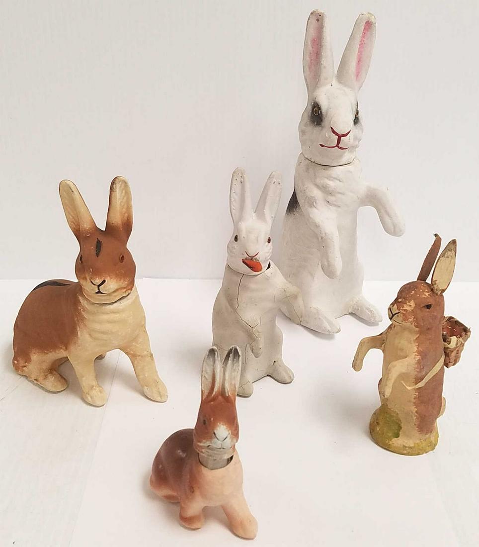 5 assorted vintage papier mache rabbit candy containers: 5 assorted vintage papier mache rabbit candy containers etc. 4 1/2" to 10 1/2"