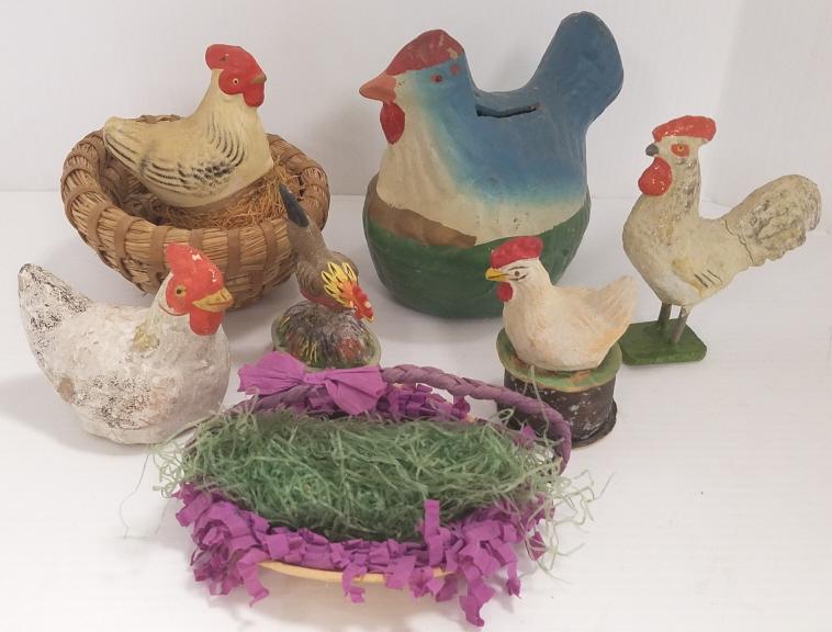 5 assorted vintage papier mache etc. hens on nest, etc.: 5 assorted vintage papier mache etc. hens on nest, etc. including 3 candy containers, 1 bank- some marked Germany 2 1/2" to 4"