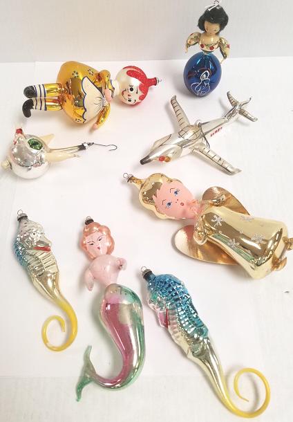 8 assorted Italian type etc. glass ornaments including: 8 assorted Italian type etc. glass ornaments including cat (as seen) & plane