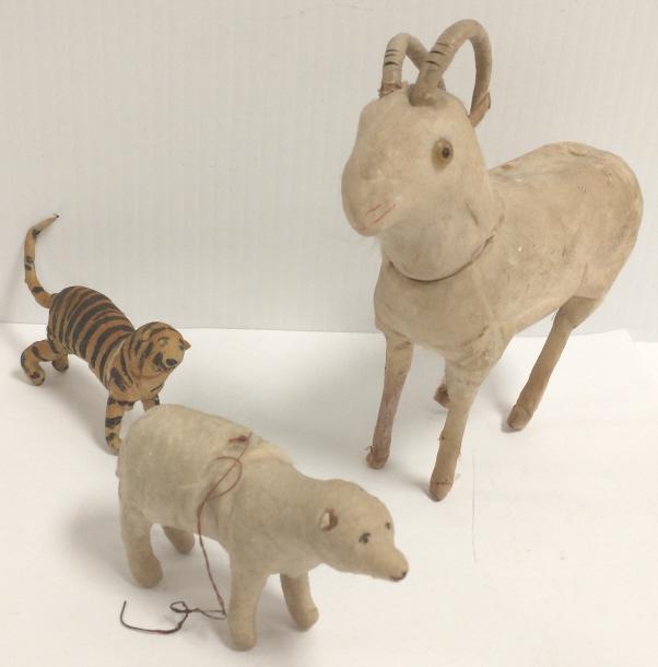 6" antique goat candy container & 2 spun cotton animal: 6" antique goat candy container & 2 spun cotton animal Christmas ornaments (1 as seen)