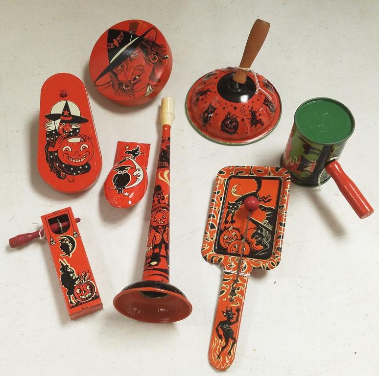 8 vintage tin Halloween noise makers- 10" largest: 8 vintage tin Halloween noise makers- 10" largest