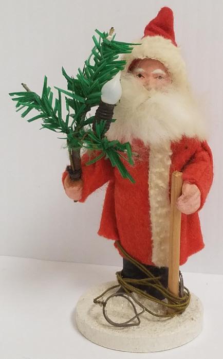 Vintage German Santa figure holding tree with electric: Vintage German Santa figure holding tree with electric light (staff as seen) 4 1/2" H