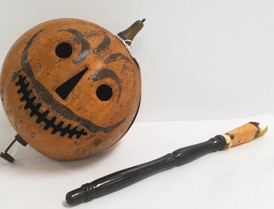 Rare antique handpainted metal Halloween parade: Rare antique handpainted metal Halloween parade jack-o-lantern with handle (as seen) 7" diameter- 19"L