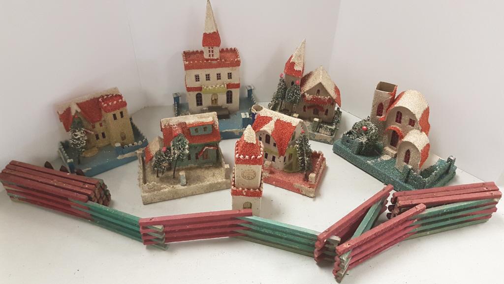 Vintage Japan paper village set with wooden fence: Vintage Japan paper village set with wooden fence