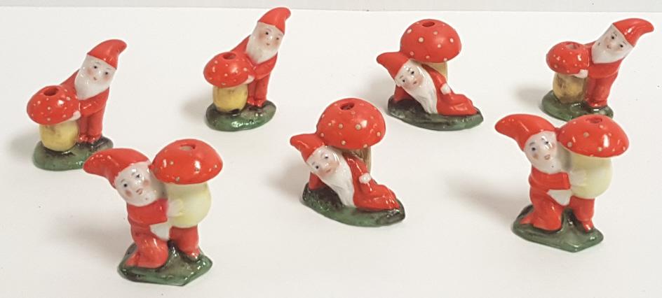6 antique German bisque miniature elf & toadstool: 6 antique German bisque miniature elf & toadstool candleholder approx. 1 1/2"h