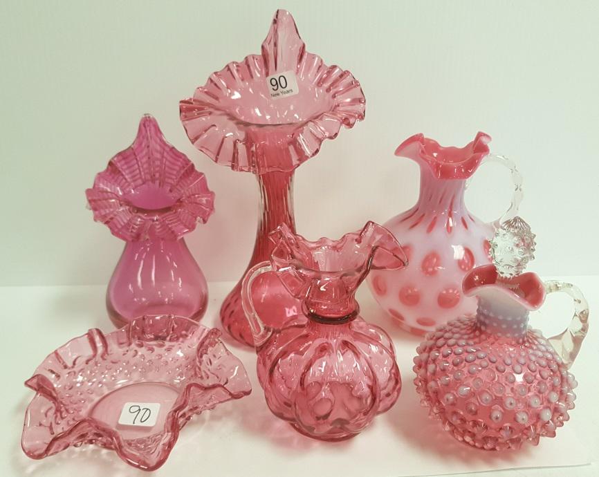 6 Victorian, etc cranberry glass items- range 6" to 11" (1 of 4)