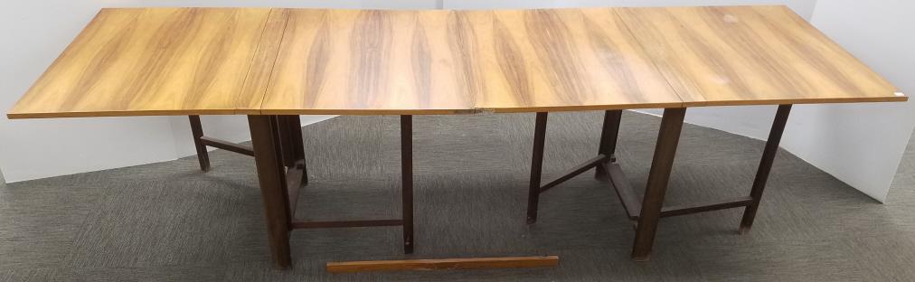 After Bruno Mathsson mid 20th Century rosewood veneer &: After Bruno Mathsson mid 20th Century rosewood veneer & beech base folding & expanding dining room table (as is- hinge broken & wood damage) 110 1/2" open x 35 1/2"w