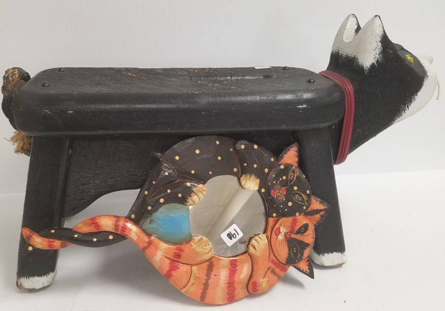 Carved wood feline form stool and a cat mirror stool is: Carved wood feline form stool and a cat mirror stool is 24" L x 14" H x 8 1/2" W