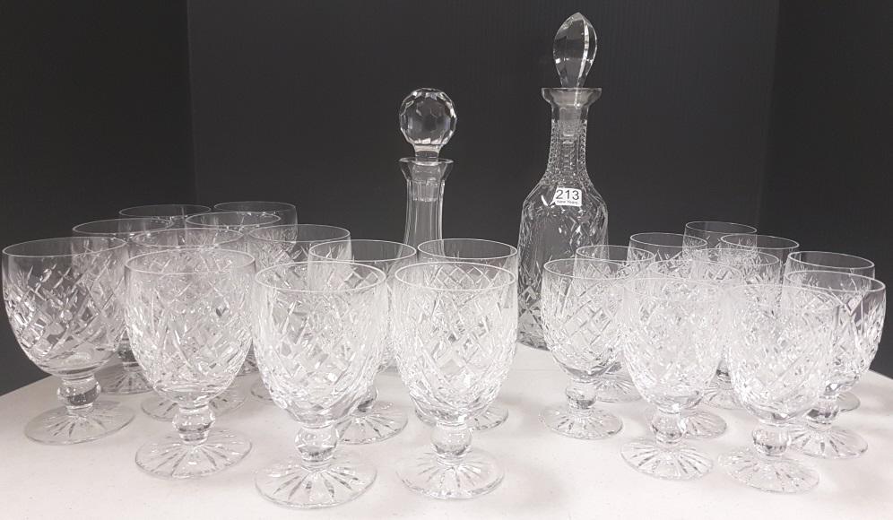Group Waterford items including 12 water goblets, 11: Group Waterford items including 12 water goblets, 11 wine goblets, & 2 decanters with stoppers