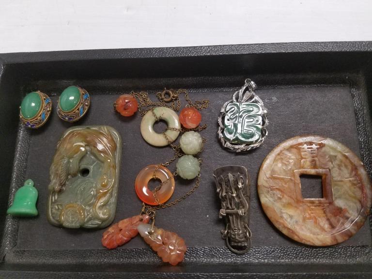 Assortment oriental jewelry including carved jade, (1 of 7)