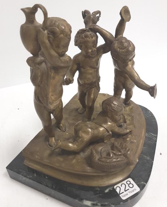 Bronze cherub figural group with goat on marble base 9" (1 of 6)