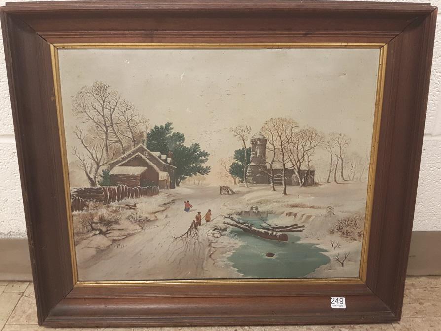 Framed Victorian oil on canvas- winter village scene- (1 of 4)