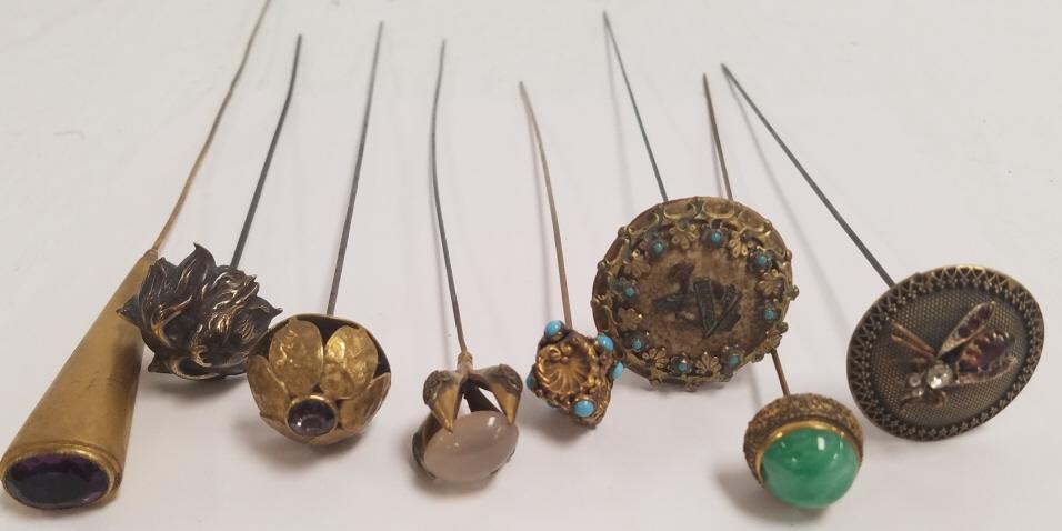 8 antique Victorian hatpins - insect, Egyptian revival (1 of 5)