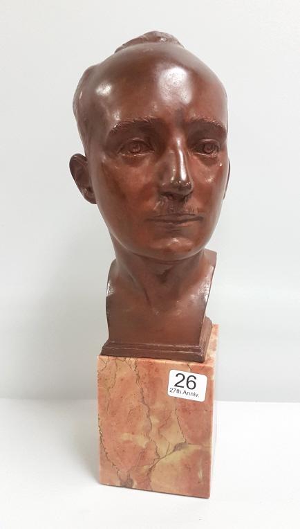 Gorham Co. - Founders bronze bust of man-embossed Viola: Gorham Co. - Founders bronze bust of man-embossed Viola Norman on marble bases- 12 1/2" tall x 4 1/2" w