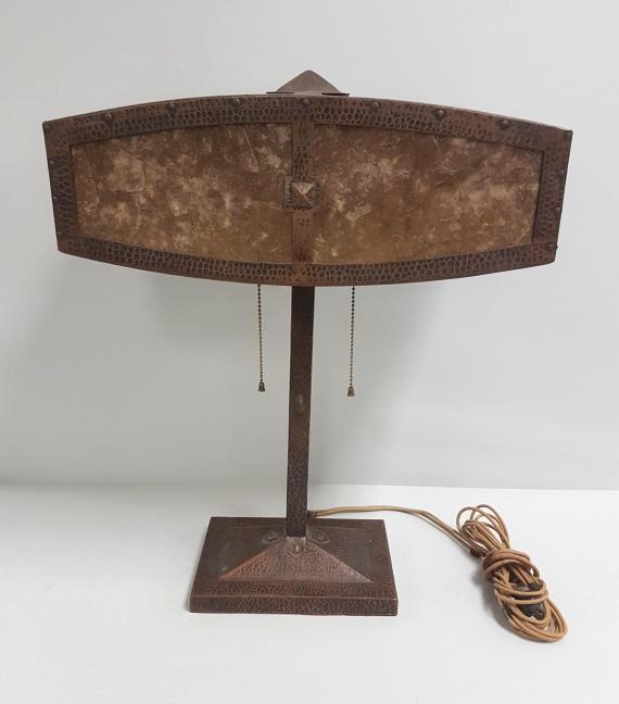 Arts & Crafts hammered copper & mica table lamp with: Arts & Crafts hammered copper & mica table lamp with rivets- original patina- 16"wide x 7" deep x 20 1/2" tall