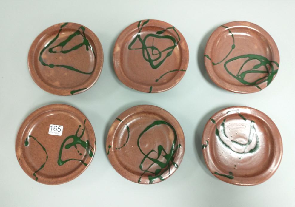 Warren Mackenzie signed set of 6 small plates with: Warren Mackenzie signed set of 6 small plates with green drizzle decoration and wavy rim - 6" diameter (some minor glaze pops)