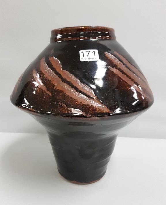 Warren Mackenzie unsigned vase with finger swipe design: Warren Mackenzie unsigned vase with finger swipe design - 11" high x 10" diameter