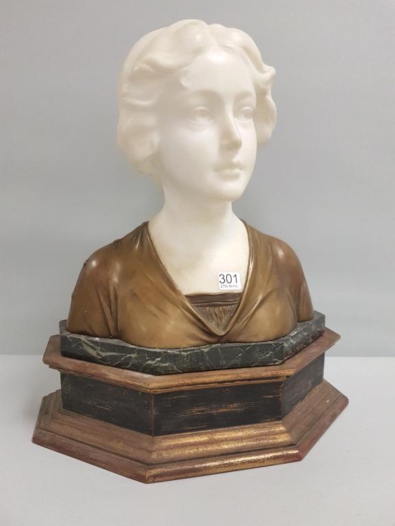 Henry Schumacher antique Italian alabaster & bronze: Henry Schumacher antique Italian alabaster & bronze bust on wood stand - no noticeable artist signature but signed Luteur on back of neck - 17" overall including stand x 14" wide (marble base repaired