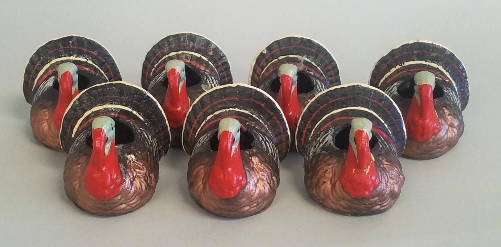 7 vintage German papier-mache hand painted turkey 2: 7 vintage German papier-mache hand painted turkey 2 1/2" candle holders( 1 cracked; 1 repaired)