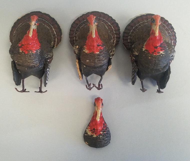 3 vintage composition German Thanksgiving turkey 5 1/2": 3 vintage composition German Thanksgiving turkey 5 1/2" candy containers (loose inserts- some as seen) & extra lid