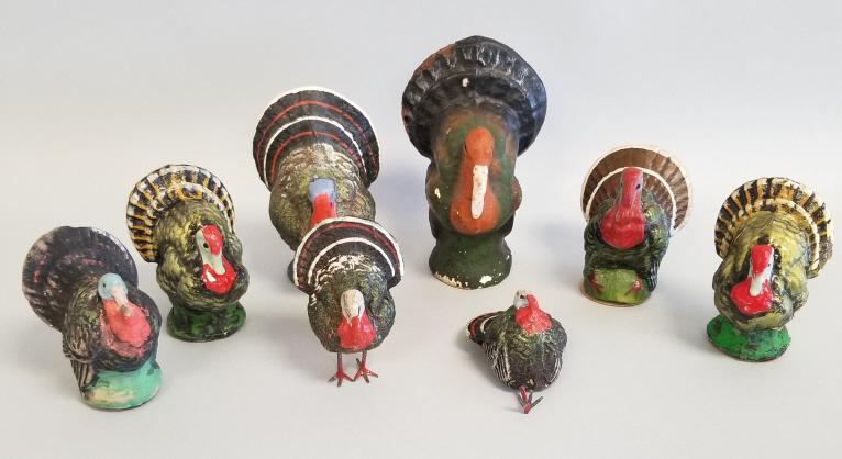 8 vintage papier mache, etc. Thanksgiving turkeys- 4: 8 vintage papier mache, etc. Thanksgiving turkeys- 4 with Germany marks (some as seen) 5 1/2" tallest