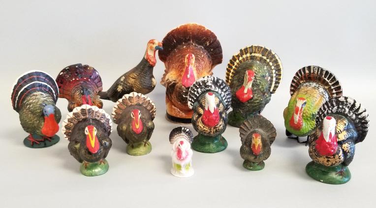 12 vintage Thanksgiving turkey figures & containers-: 12 vintage Thanksgiving turkey figures & containers- Japan, Fanny Farmer, etc. 2 1/4" to 6 3/4" (some losses)