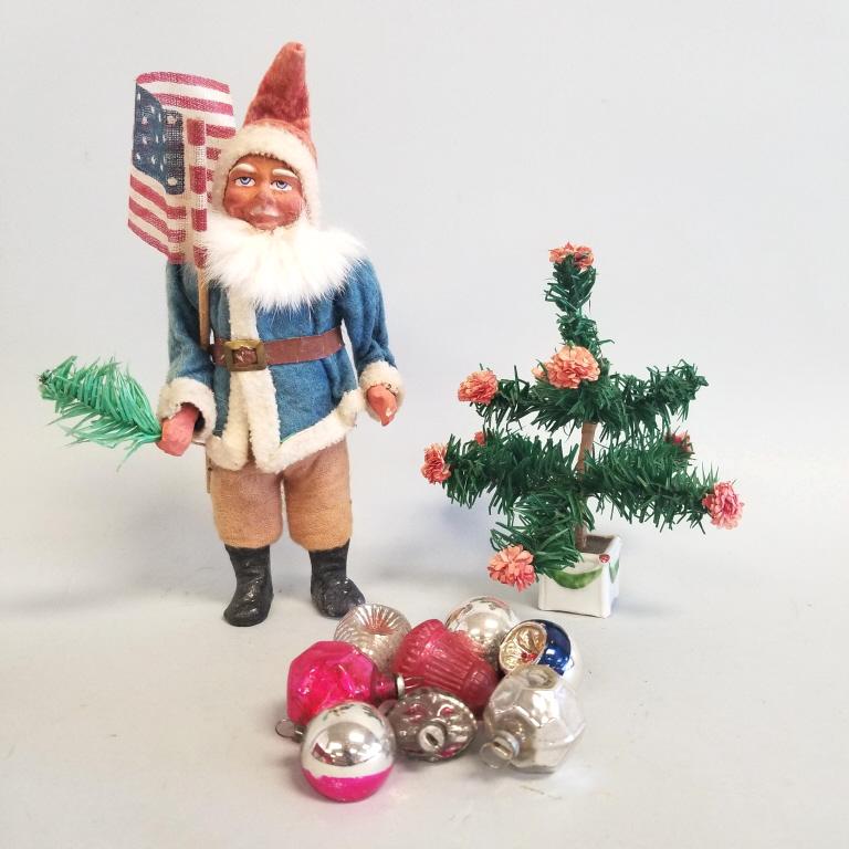 Antique composition 7 1/2" Santa with blue coat (boot: Antique composition 7 1/2" Santa with blue coat (boot repaired), mini feather tree & glass ornaments