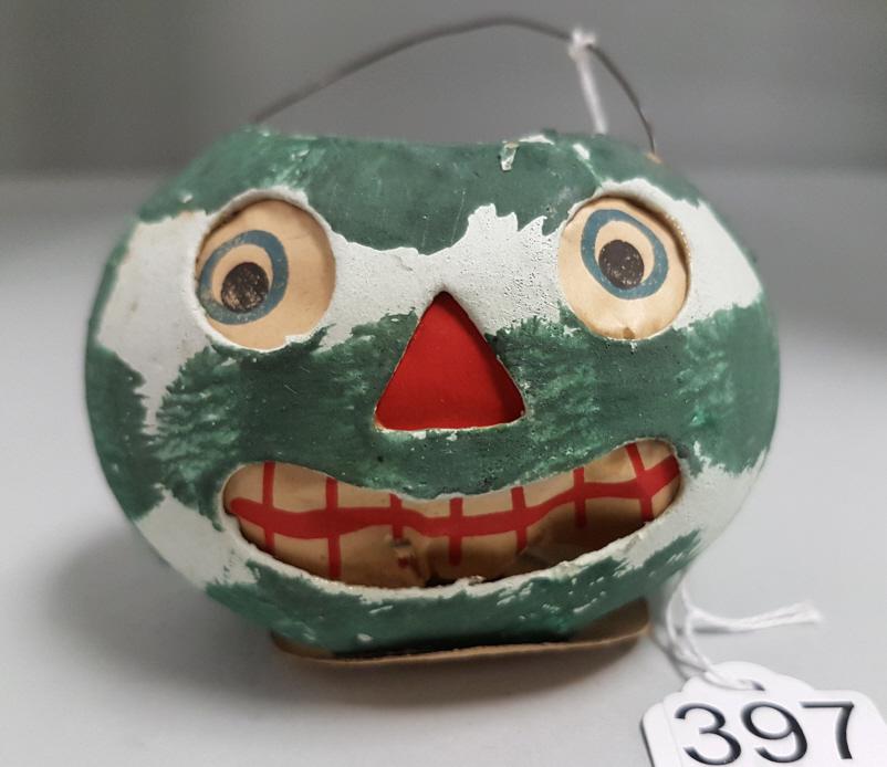 German papier mache watermelon pumpkin lantern 4" x 2: German papier mache watermelon pumpkin lantern 4" x 2 1/2" (as seen)