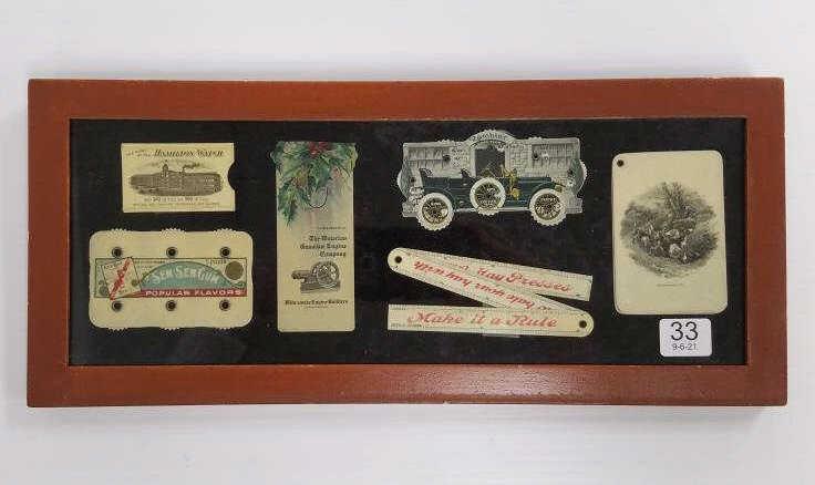 6 pieces of framed advertising celluloid including: 6 pieces of framed advertising celluloid including Hamilton Watch, Sen-Sen Gum, Waterloo Gasoline Engine Co., etc. 6 1/2" x 15"
