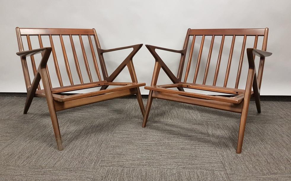 Pair Poul Jensen for Selig, walnut "Z" chairs - no: Pair Poul Jensen for Selig, walnut "Z" chairs - no straps/no cushions