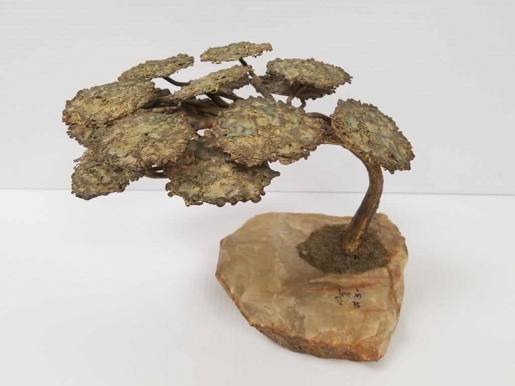 Mario Jason signed bronze bonsai tree, 1975, on quartz: Mario Jason signed bronze bonsai tree, 1975, on quartz base - approx. 9" tall
