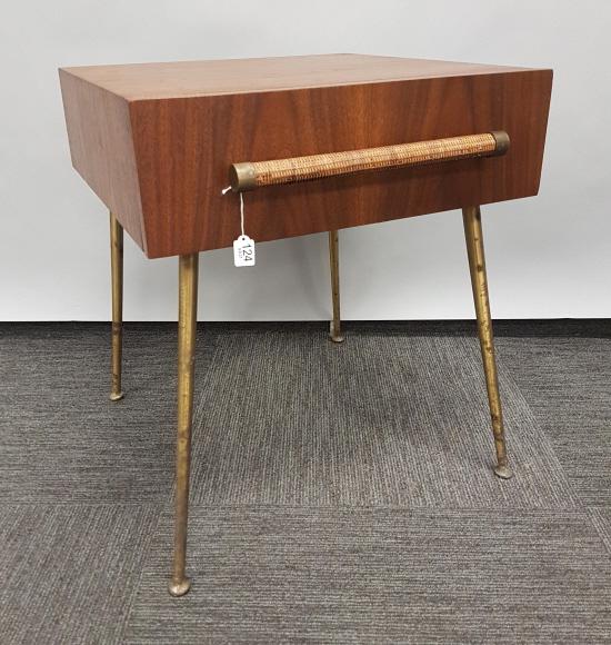 T.H. Robsjohn Gibbings for Widdicomb walnut table with: T.H. Robsjohn Gibbings for Widdicomb walnut table with drawer & brass legs (as seen to finish on legs) 20" x 20" x 23 1/2" high