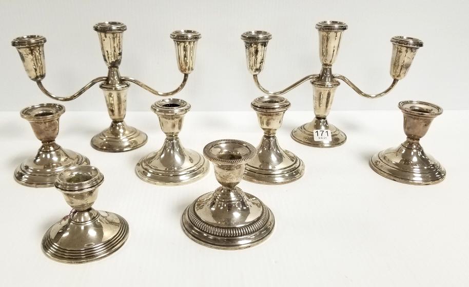 Group weighted sterling silver candelabra & candle: Group weighted sterling silver candelabra & candle holders - 8 pieces total