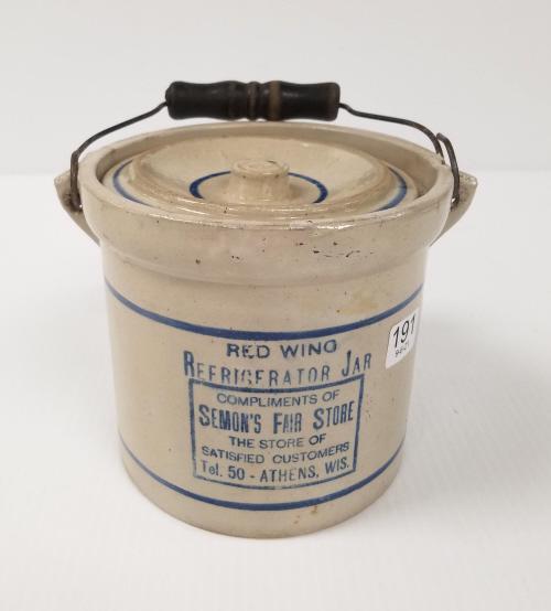 Red Wing refrigerator jar w/ cover & handle - Semon's: Red Wing refrigerator jar w/ cover & handle - Semon's Fair Store Athens, WI - 5 3/4" W x 6 1/4" H