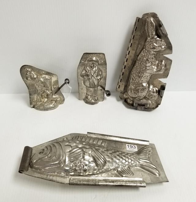 4 antique chocolate, etc. molds - fish, bunny, people -: 4 antique chocolate, etc. molds - fish, bunny, people - largest 12"