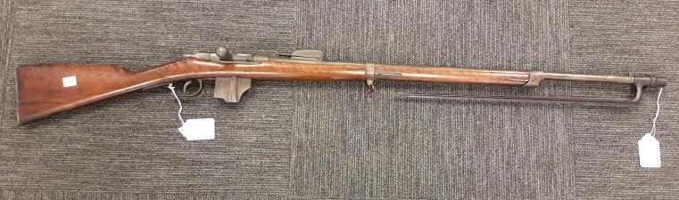 Antique Beaumont European bolt action military rifle: Antique Beaumont European bolt action military rifle dated 1873 w/ bayonet (stock repairs) serial # 3581