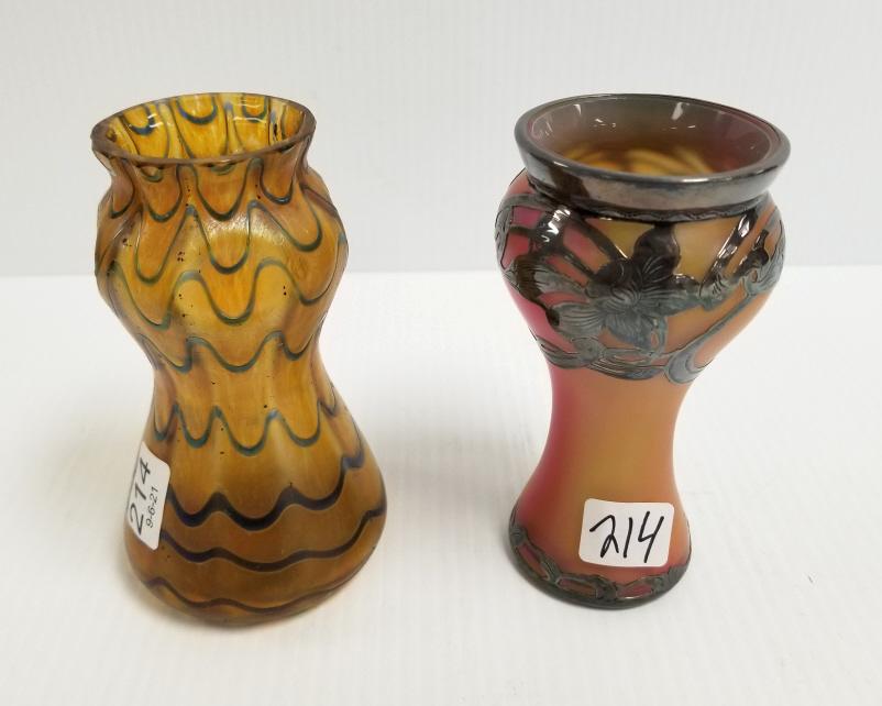 2 unsigned Loetz art glass vases including one silver: 2 unsigned Loetz art glass vases including one silver overlay - 5 1/4" high