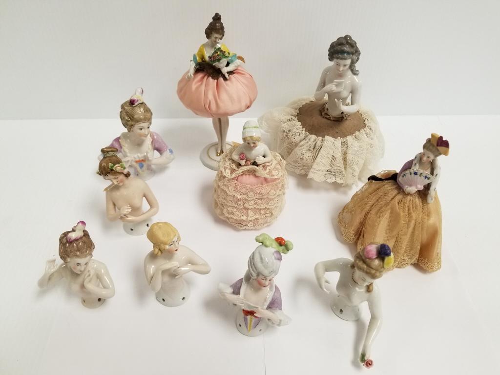 10 pin cushion & porcelain half dolls - tallest 8": 10 pin cushion & porcelain half dolls - tallest 8" marked Paris, France