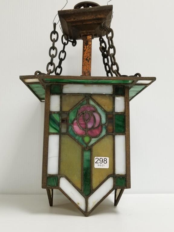 Arts & Crafts stained & leaded glass light fixture 9" x: Arts & Crafts stained & leaded glass light fixture 9" x 9" x 16 1/2" high