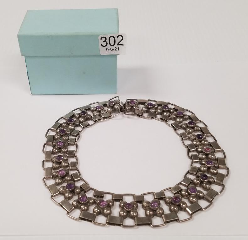 Vintage silver choker necklace set with amethyst: Vintage silver choker necklace set with amethyst cabochons - 15" - 97 grams